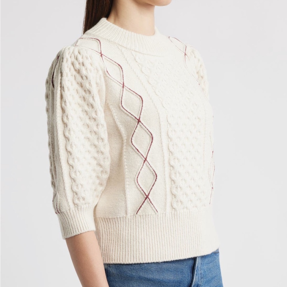 Rails Cream Cable Knit Sweater Burgundy Diamond Stitch Puff Sleeve Knit Top S - Picture 5 of 11